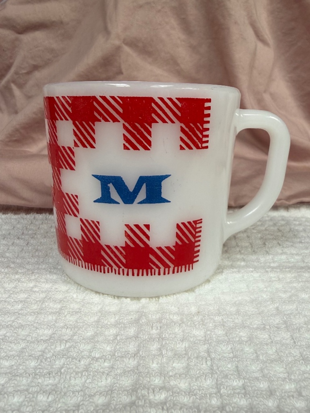 Vintage Westfield Milk Glass Mug | Red Plaid Monogram M